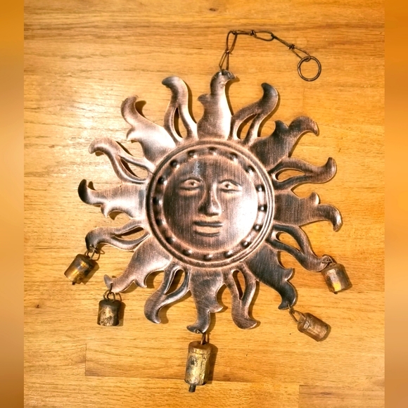 Sun Face Wind Chime Garden Art Copper Metal Work Rustic Whimsical - Picture 7 of 9